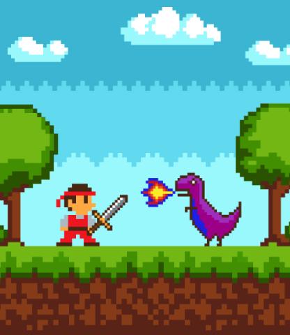 Pixel art warrior challenging purple dragon on side-scroller background