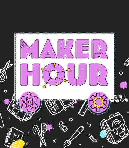 Maker Hour logo with chalk drawings of school supplies