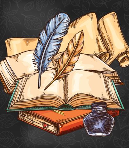 Illustration of books, quills, and ink bottle