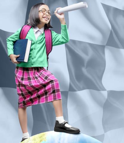 Young girl with large book, backpack, and rolled up paper telescope