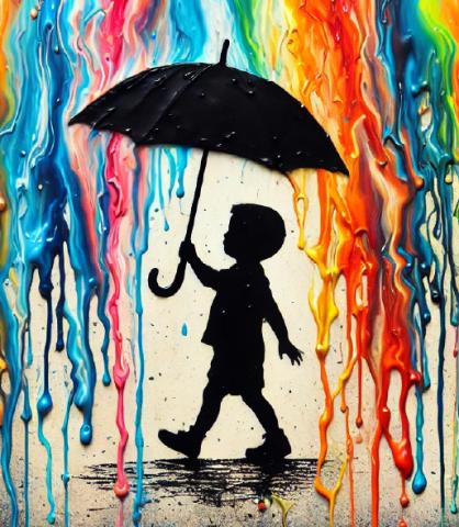 Silhouette of a child under an umbrella, multi-colored drips surrounding them