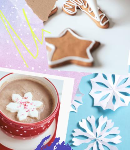 Collage of pictures of a cup of hot cocoa with a snowflake-shaped marshmallow, snoflake-shaped cookies, and paper snoflakes.