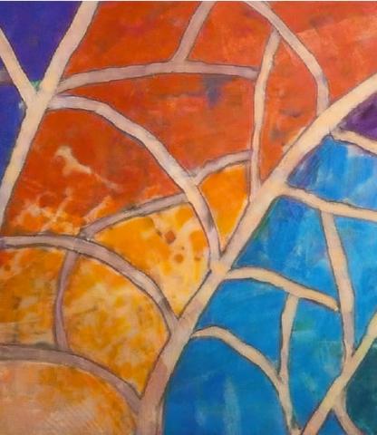 Abstract glue batik painted in orange, yellow, blue, and purple