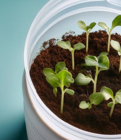 AI: Image of a plastic container filled with soil with small sprouts growing out of it