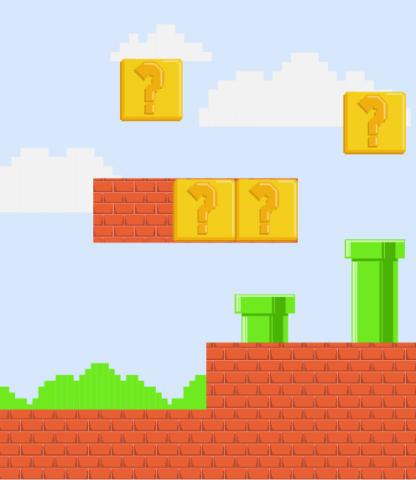 Platform video game inspired illustrator with brick ground, green brush, yellow question mark blocks, and green pipes