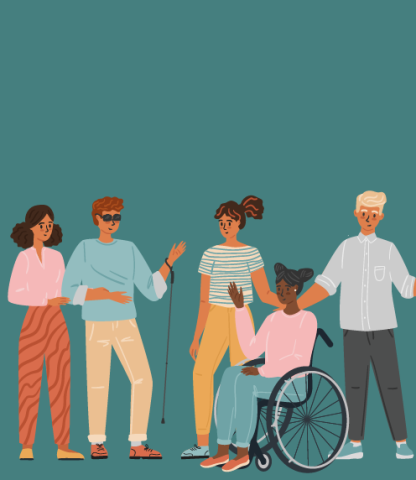 Illustration of a diverse group of people, including a woman in a wheelchair and a man with a cane and dark glasses