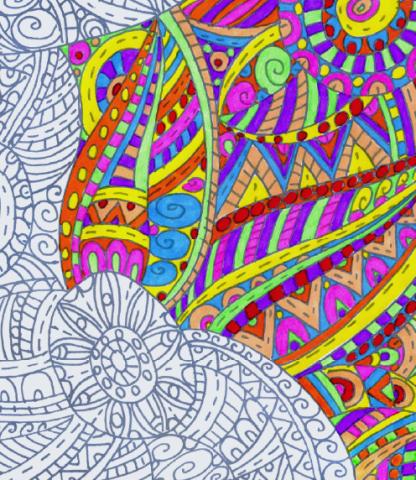 Abstract flowers coloring page, partly filled in with vibrant colors