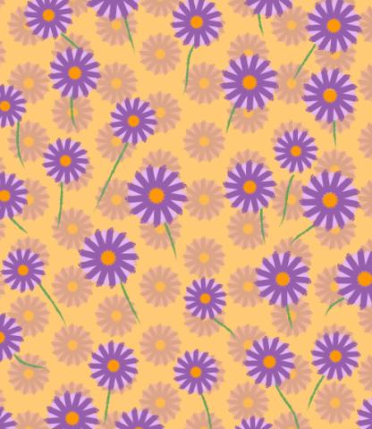 Illustration of purple flowers with orange centers floating against a yellow background