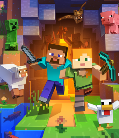 Two Minecraft characters running out of a cave, one carrying a sword and one a pickaxe