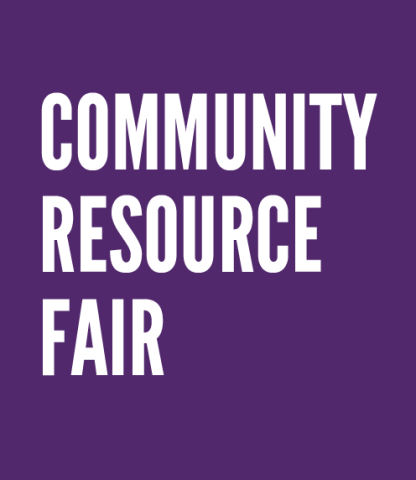 Community Resource Fair text on a purple background