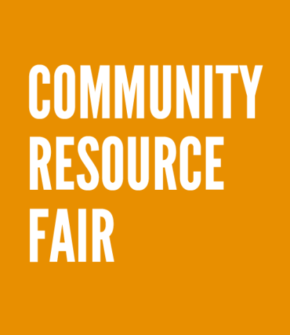 Community Resource Fair text on an orange background