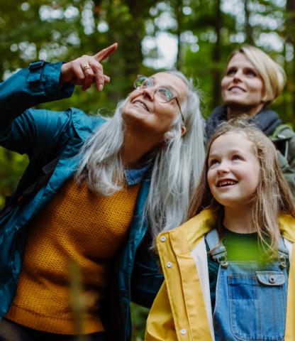 Grandmother, mother, and daughter enjoying a forest