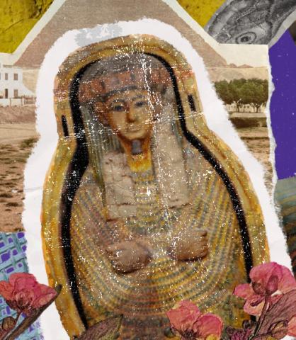 Collage of Egyptian artifacts including a mummy's sarcophagus 