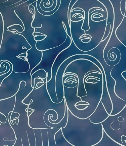 Outline of faces, drawn with a single line, in white against a blue and purple background