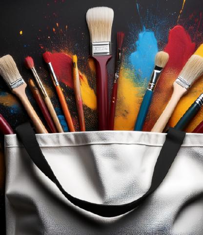 Close up of a white tote bag with blank handles that is filled with several paint brushes of various shape and color