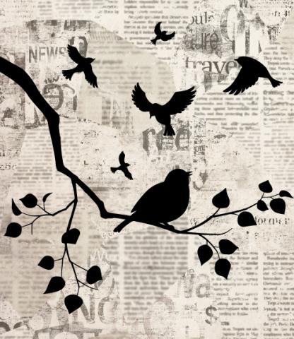Silhouettes of birds flying and sitting on a branch, painted over pieces of a torn-up newspaper