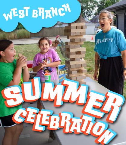 Three people playing oversized Jenga with the West Branch Summer Celebration logo