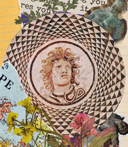 Image: Photo collage with a large picture of a Roman mosaic of a man's face in the middle.