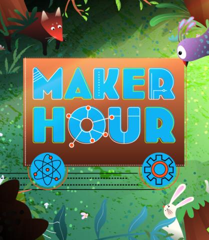 Image: Graphic of a Maker Hour activity cart in the woods with forest animals around it.