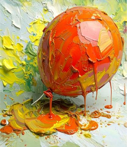 Red balloon splattered with orange, yellow, and green paint