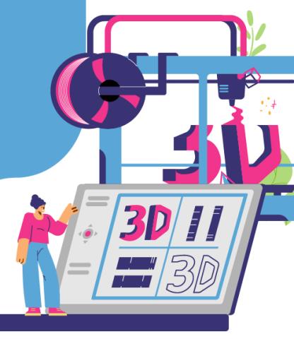 Concept illustration of a 3D printer with a small person standing on a laptop