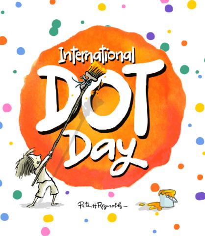 Image: Graphic of the Dot Day logo (a child painting a large dot) as illustrated by Pete H. Reynolds.