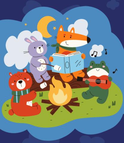 Image: Graphic of woodland creatures sitting around a campfire reading, playing music, and eating smores.