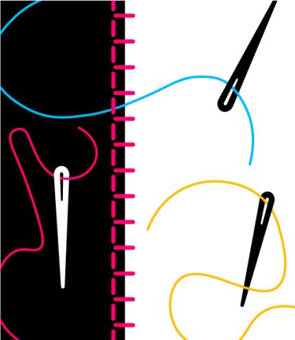 Illustration of stitches with three sets of needles and thread