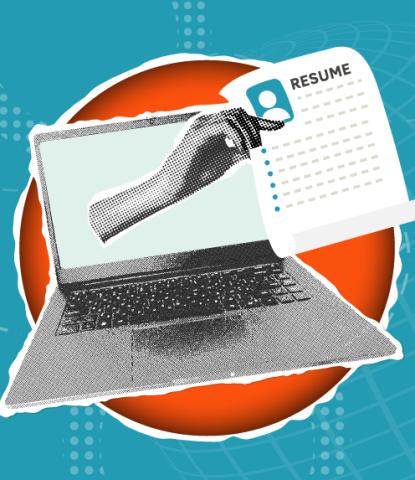 Illustration of hand, holding resume, coming out of a laptop floating in front of an orange circle on a blue background