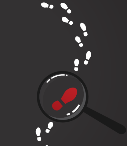 White shoe prints on a black background; one red shoe print under a magnifying glass