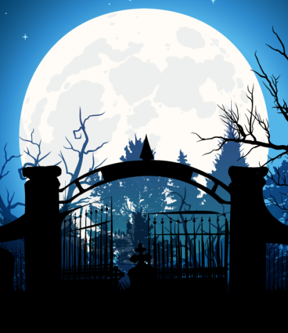 Illustration of a moon behind a cemetary gate with bare trees