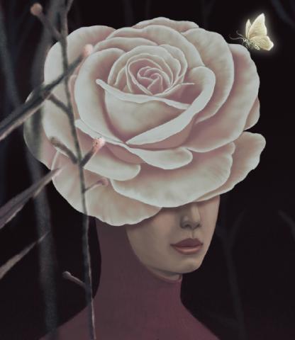 Surreal illustration of a woman with a pink rose covering her face