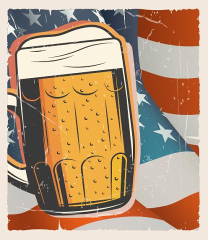 Illustrated pint of beer floating over a US flag