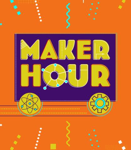Maker Hour logo on orange background with various colored streamers around it