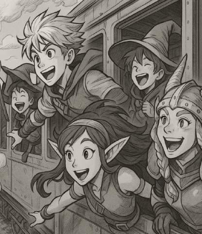 Anime-style adventurers on a train
