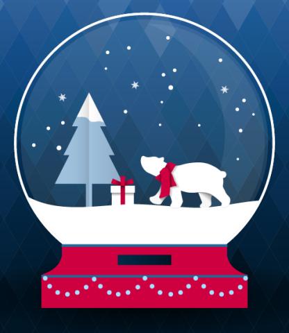 Illustration of polar bear, present, and evergreen tree in a snowglobe