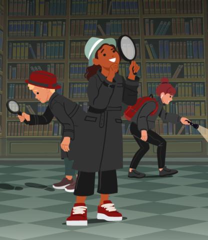 Illustration of three kids dressed as detectives in front of tall bookcase; two have magnifying glasses and one has a flashlight