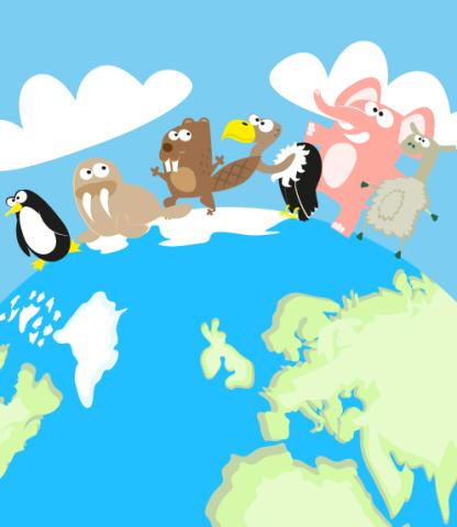 Illustration of penguin, walrus, beaver, vulture, elephant, and sheep standing on part of a globe