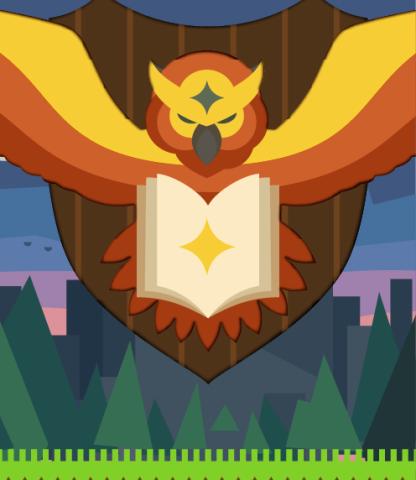 Illustration of an owl on a wooden shield that is holding an open book; forest, mountains, and sunset behind