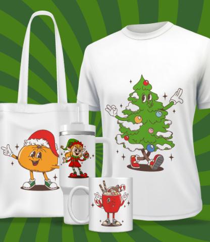 Mockups of four holiday themed gift ideas: a tote back, a tumbler, a coffee cup, and a t-shirt