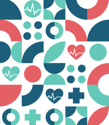 Shapes and health symbols in teal, cyan, and coral