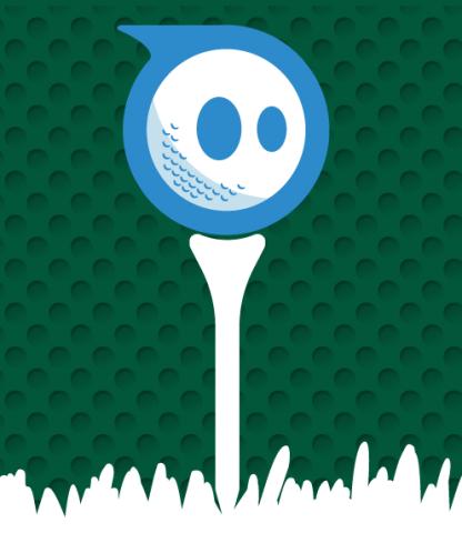 Sphero logo on a white golf tee in the grass; dark green background with a golf ball-like texture