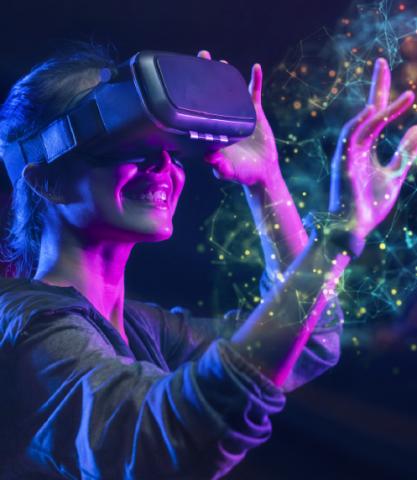 Young woman using a VR headset, colored in purples, blues, and pinks