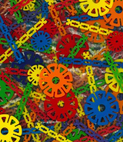 Scanned image of pieces from a building kit