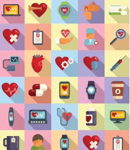 Illustration of various heart health icons on squares