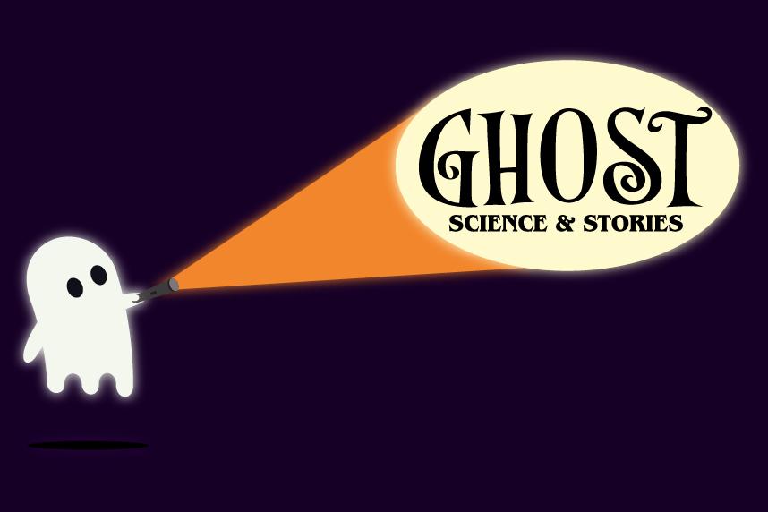 Small ghost with flashlight and Ghost Science & Stories text