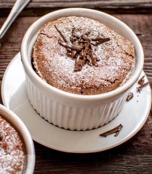 Chocolate souffle in ramekin