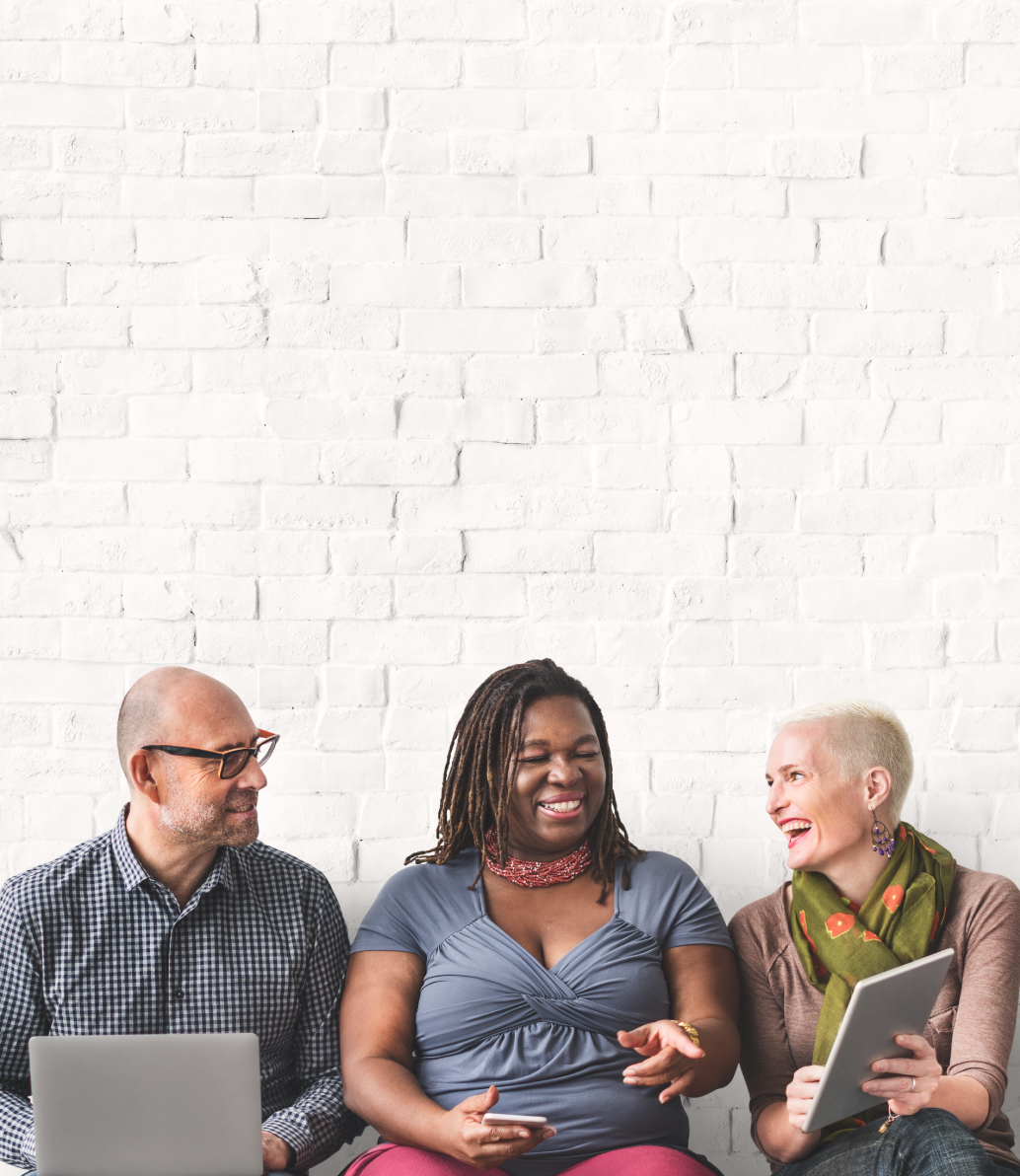 Three people with different electronic devices