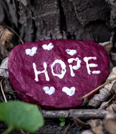 Purple rock with the word hope and hearts painted on it