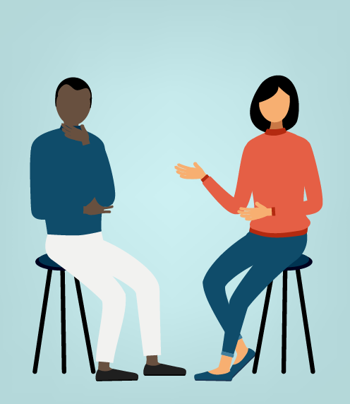 Illustration of two people sitting on stools talking